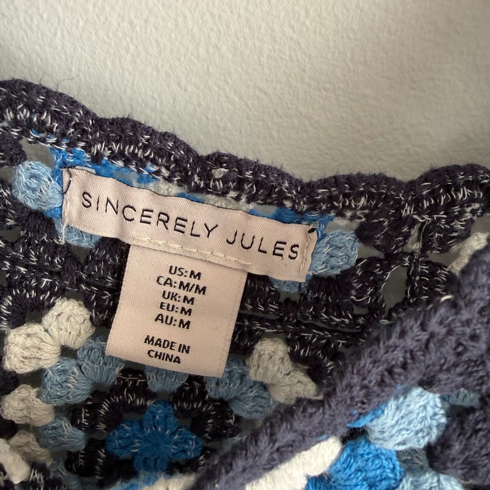 SINCERELY JULES Blue Granny Square‎ Crochet Boho Festival Ladies Cropped Tank, M - Picture 3 of 5